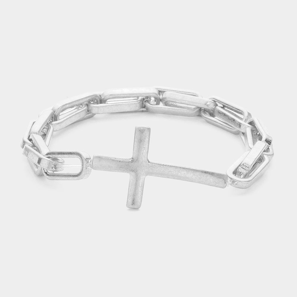 Madeline Love Worn Silver Metal Cross Pointed Hardware Chain Link Stretch Bracelet