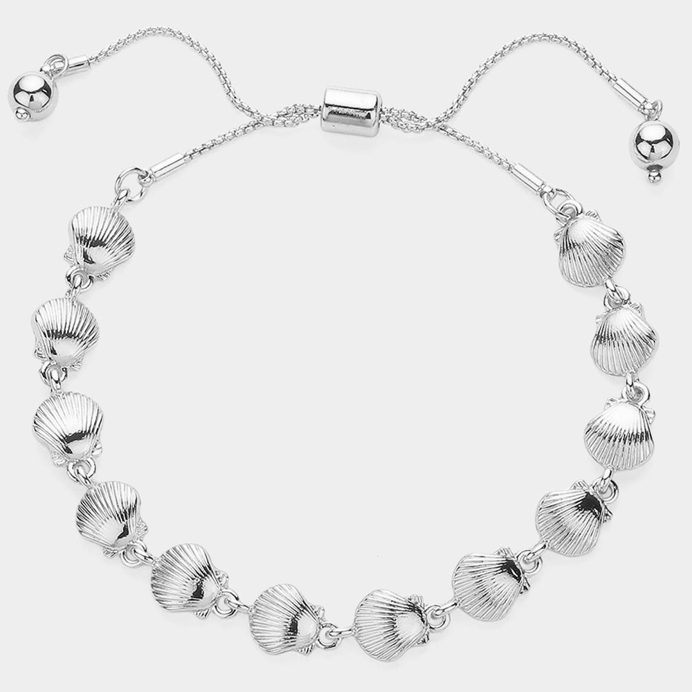 Silver Textured Metal Shell Link Adjustable Pull Tie Bracelet