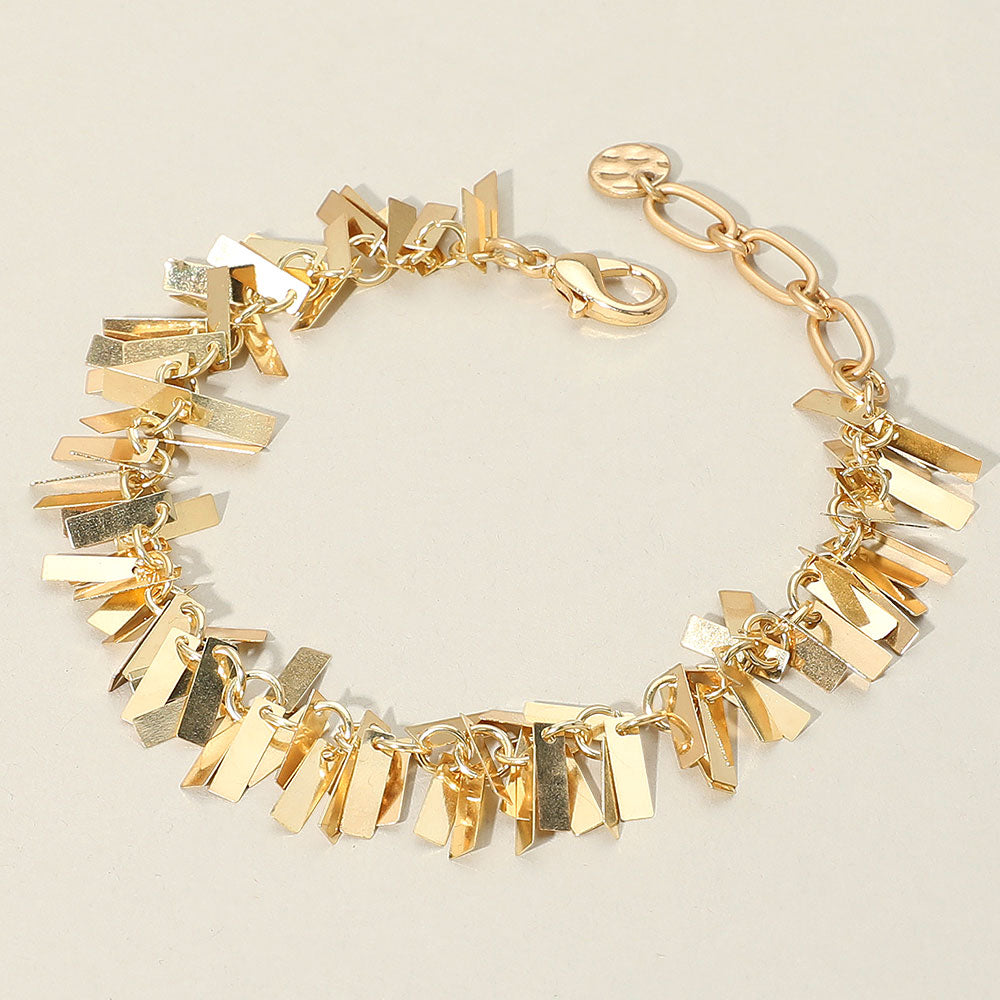 Madeline Love Worn Gold Metal Rectangular Plate Embellished Chain Bracelet