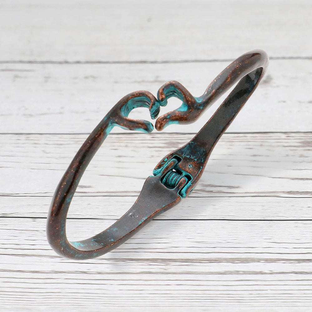 Madeline Love Patina Verdigris Metal Heart Hands Hinged Bangle Bracelet - Bracelets