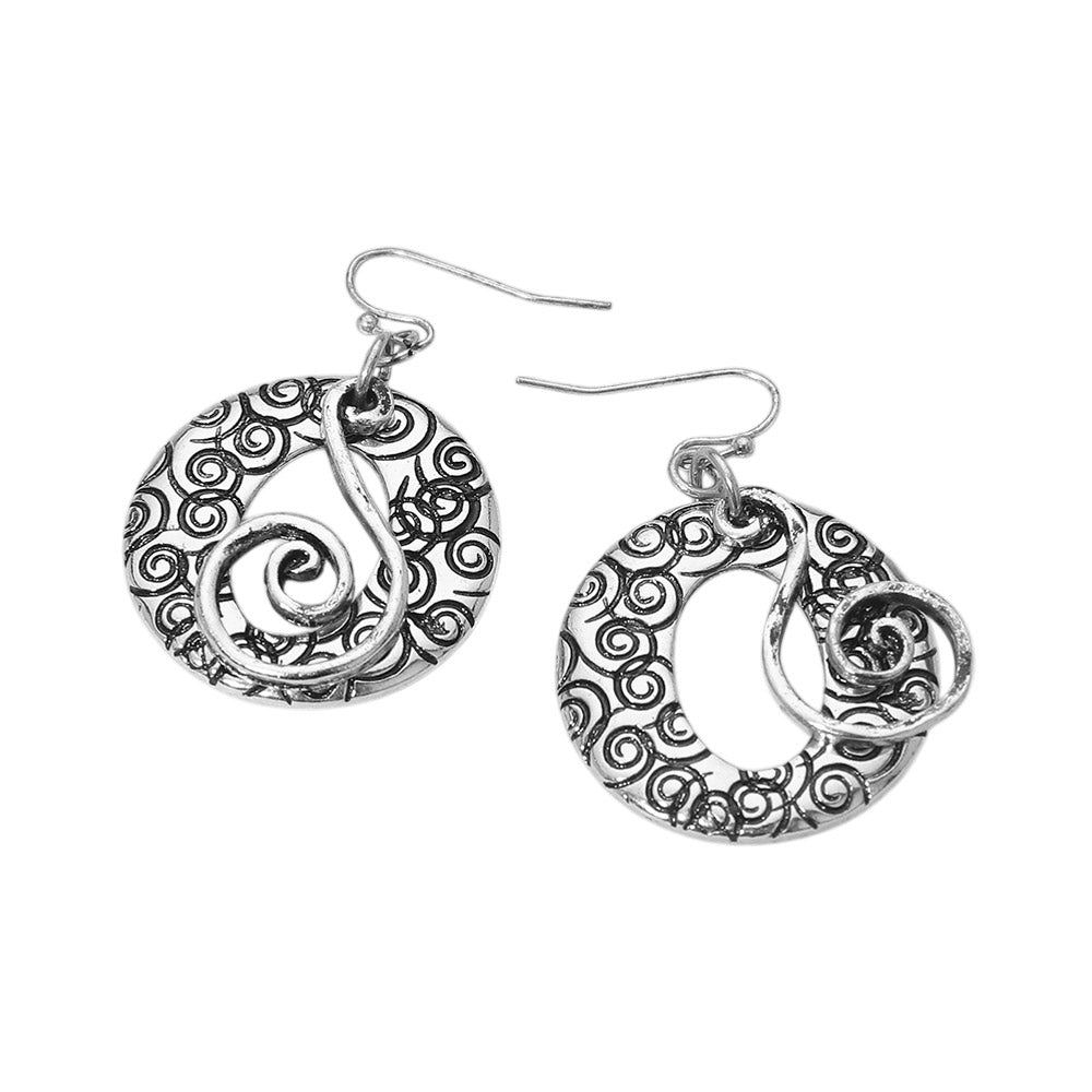 Madeline Love Silver Burnished Boho Filigree Swirl Circle Drop Dangle Earrings - desc
