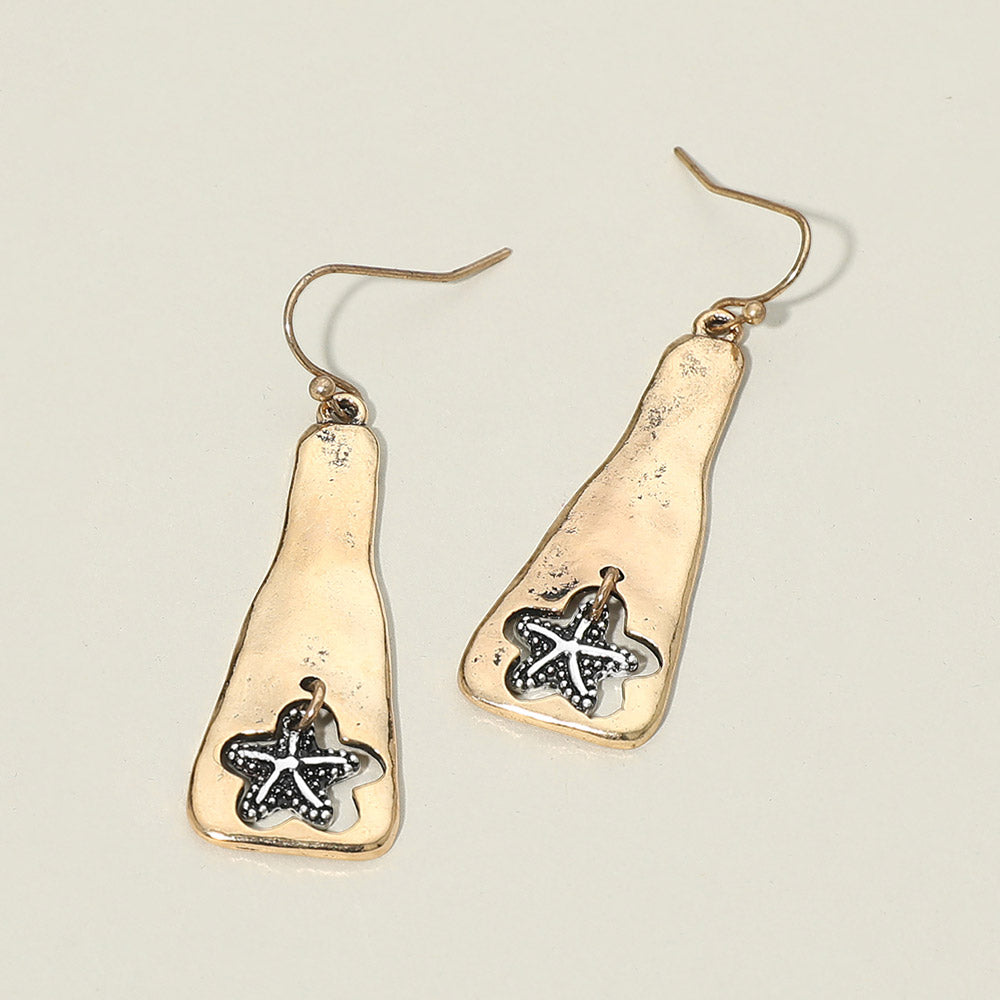 Madeline Love Gold Burnished, Two Tone Textured Metal Starfish Charm Drop Plate Earrings