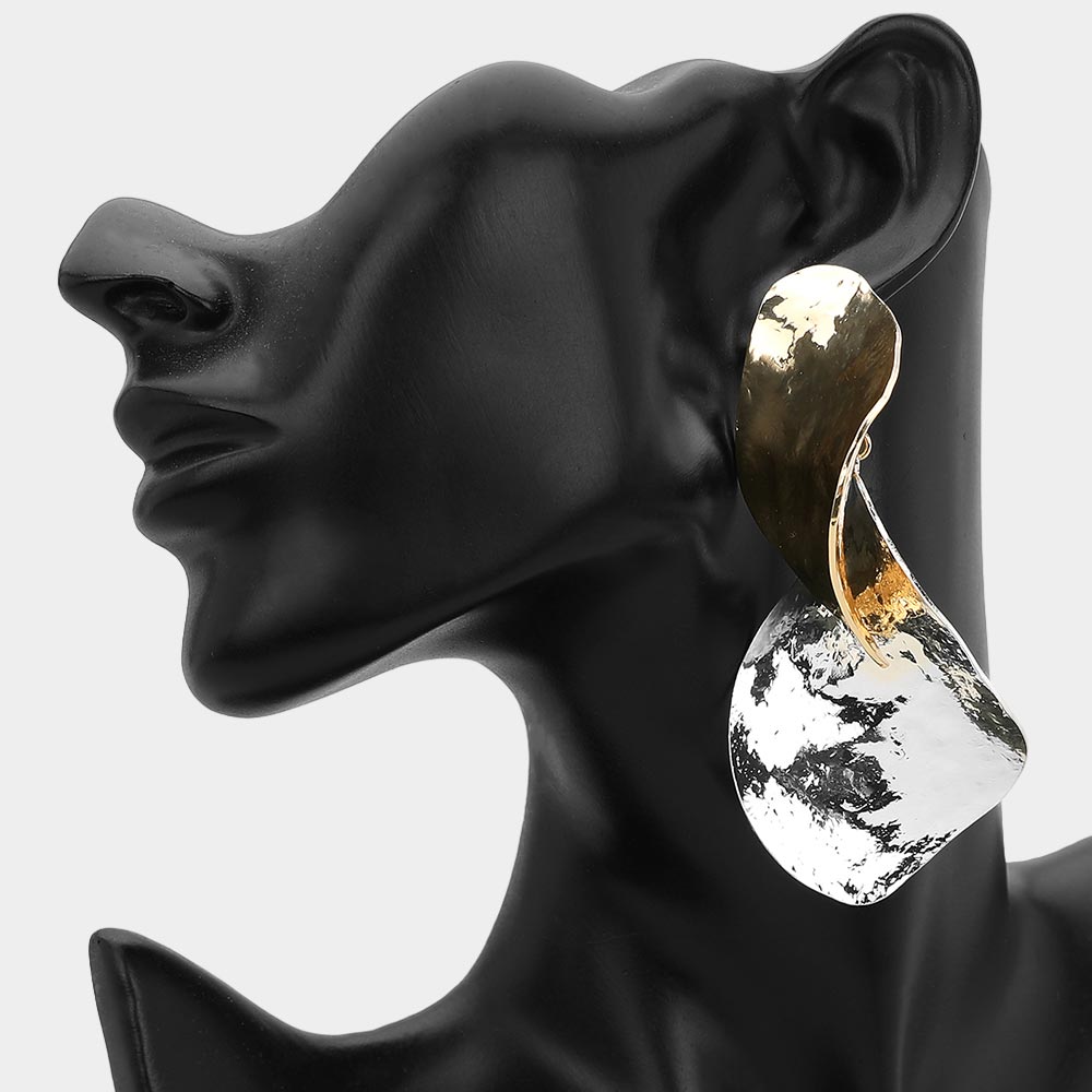 Madeline Love Gold, Two Tone Oversized Hammered Metal Sculptural Abstract Drop Statement Earrings
