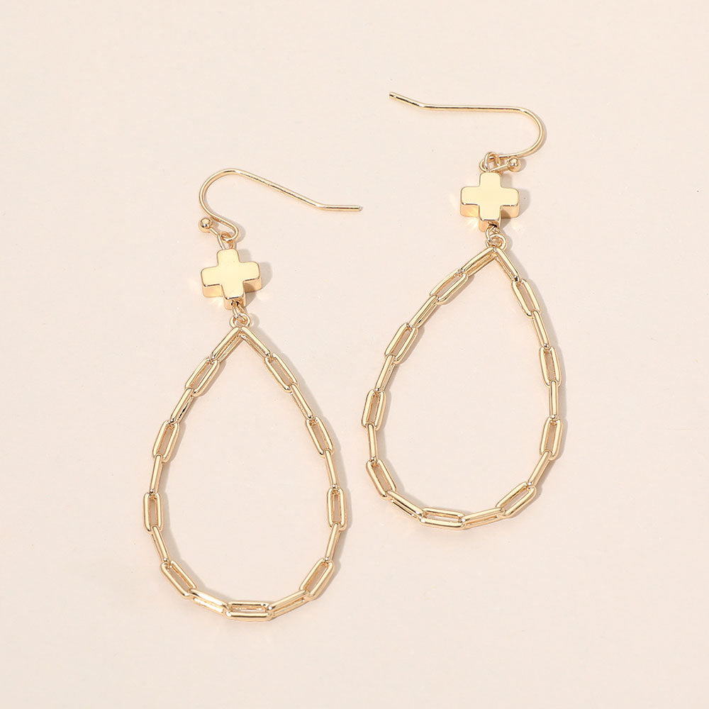 Madeline Love Gold Metal Cross Charm Accent Paperclip Chain Link Open Teardrop Earrings