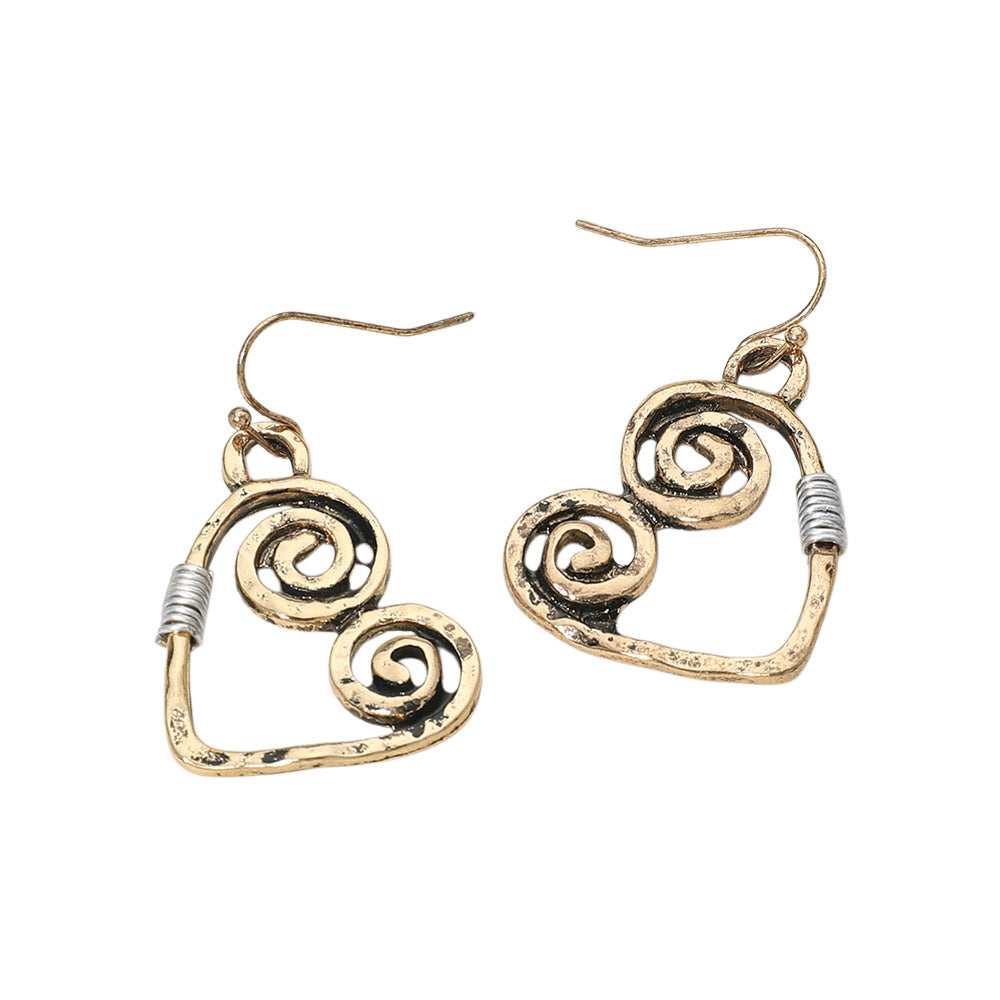Madeline Love Gold Burnished, Two Tone Swirl Heart Charm Drop Earrings - desc