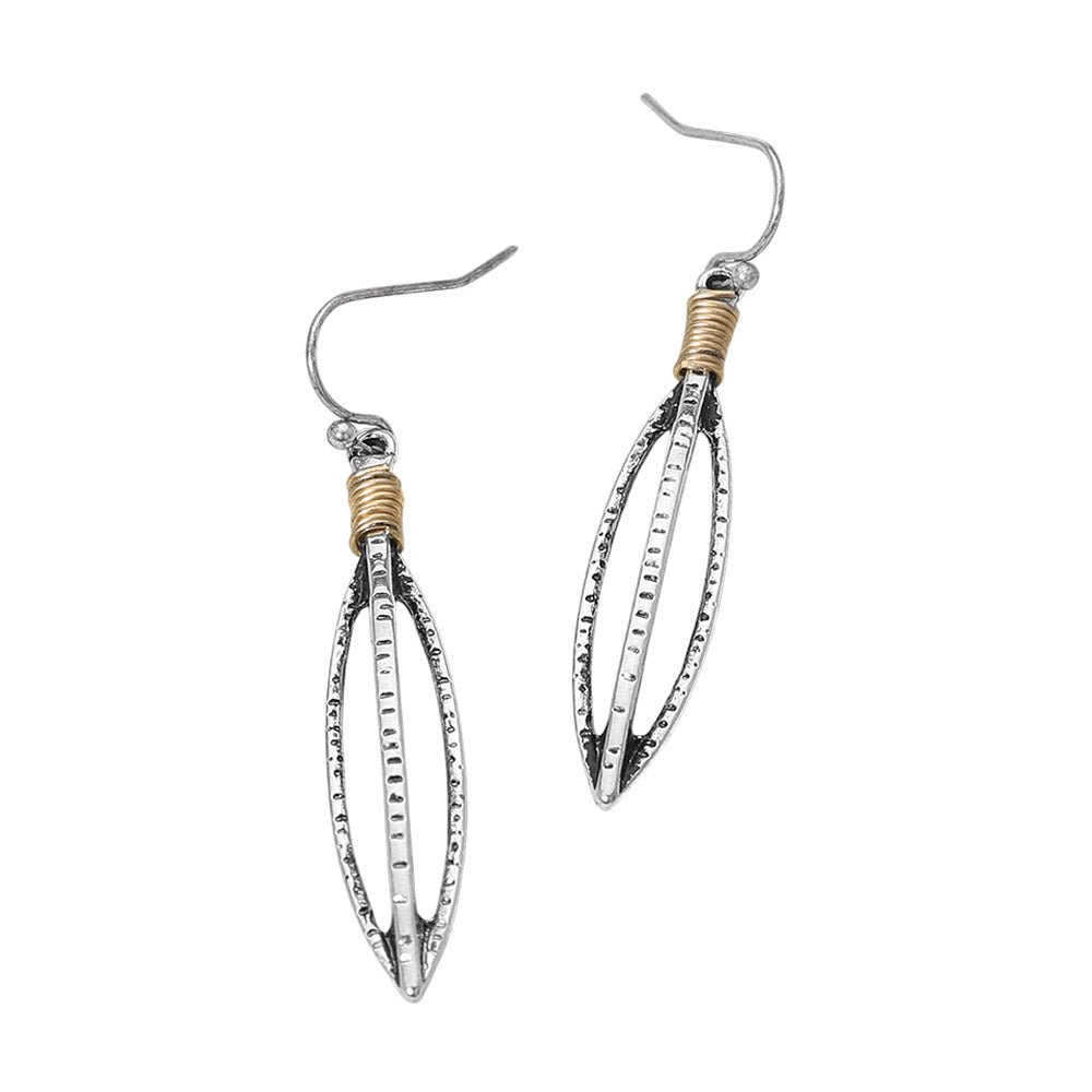 Madeline Love Silver Burnished, Two Tone Boho Textured Metal Open Marquise Drop Earrings - desc