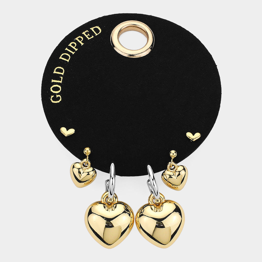SECRET BOX_Gold Dipped Heart 3Pairs Earrings - Gold - Earrings