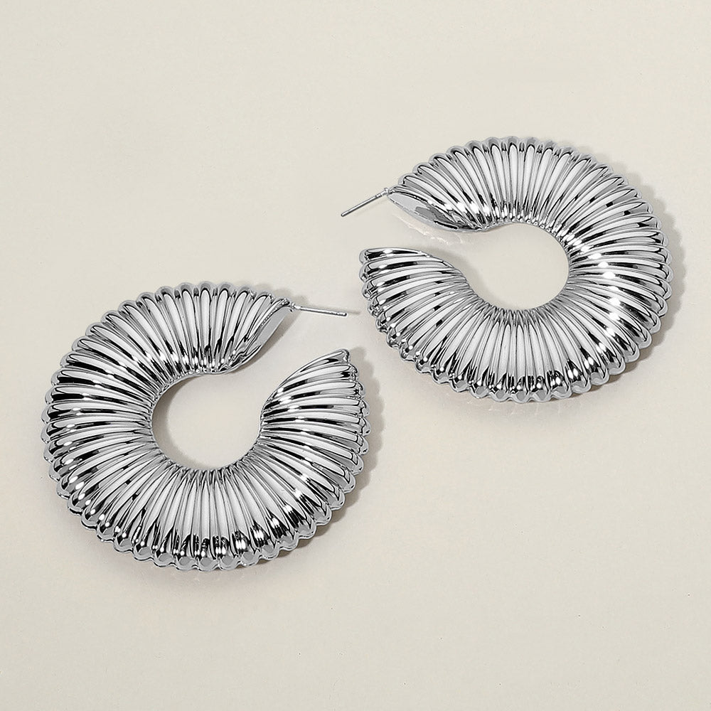 Madeline Love Rhodium Ribbed Metal Fan Hoop Earrings