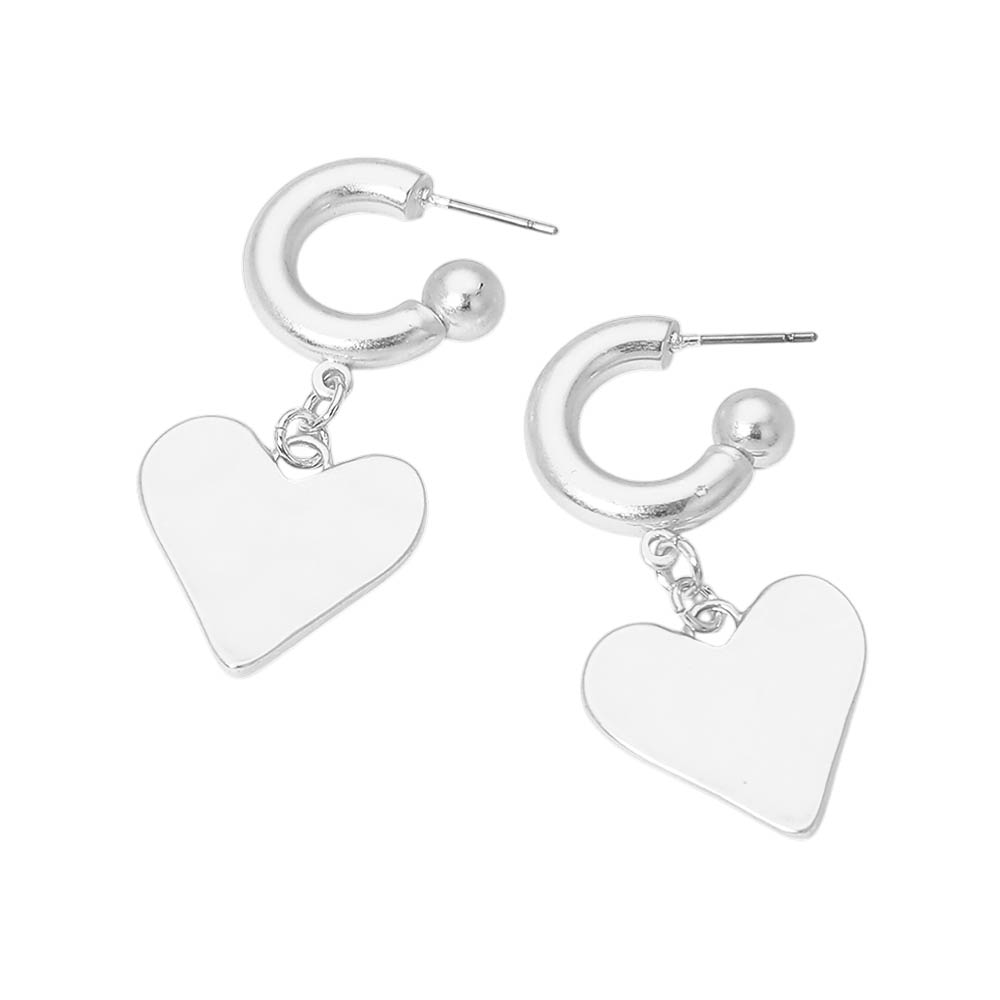 Madeline Love Silver Matte Hammered Metal Heart Charm Drop Mini Hoop Earrings - desc