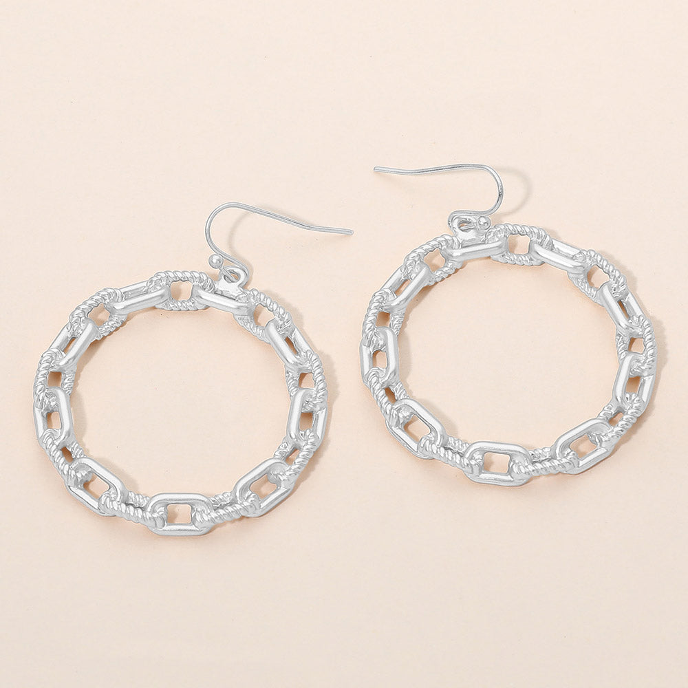 Madeline Love Matte Silver Textured Metal Chain Hoop Drop Dangle Earrings