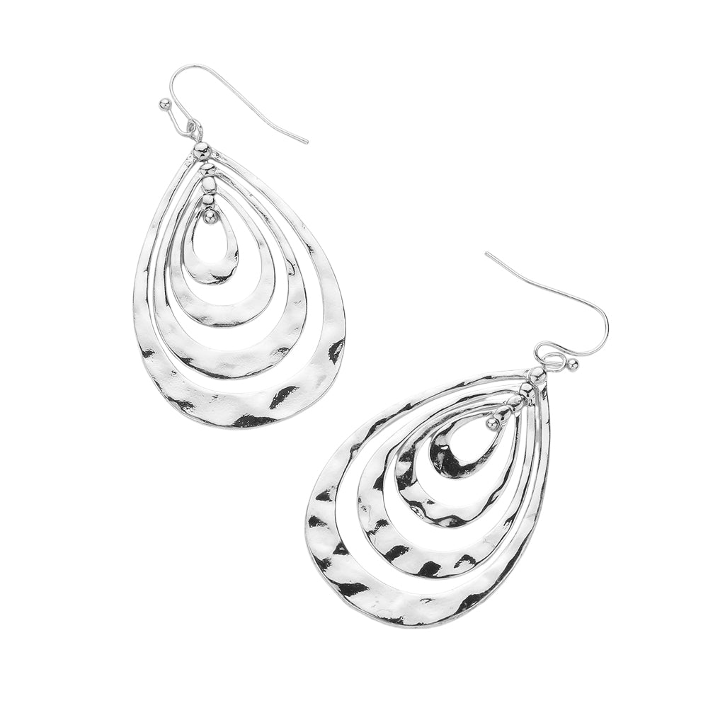 Madeline Love Rhodium Hammered Metal Concentric Teardrop Dangle Earrings - desc