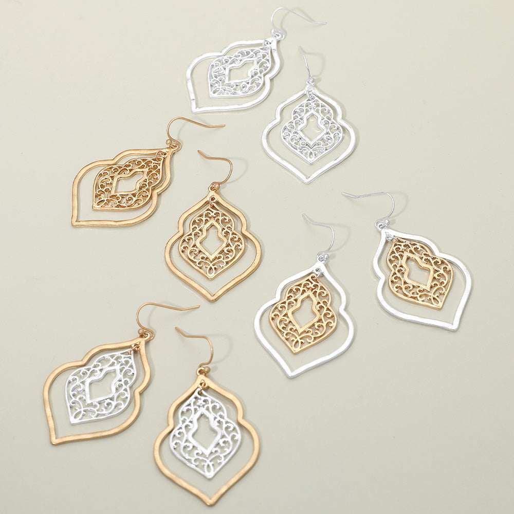 Madeline Love Two Tone, Worn Gold Metal Filigree Ornate Dangle Earrings - extra