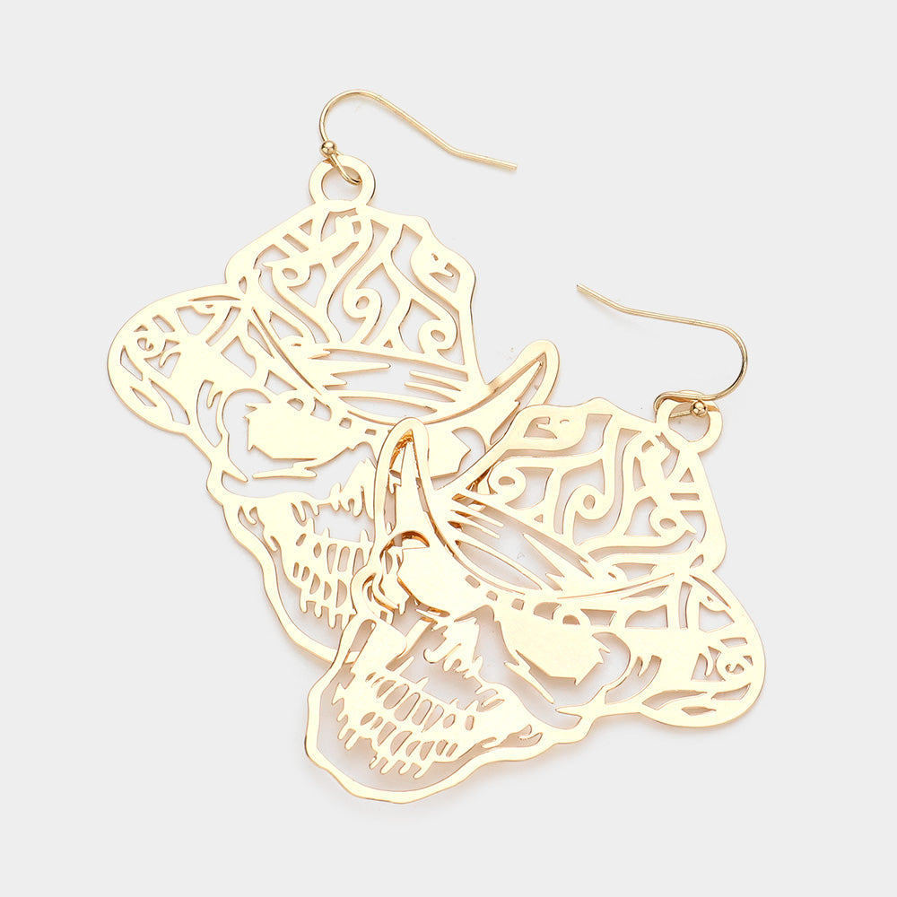 Madeline Love Gold Brass Metal Cutout Skull Dangle Earrings