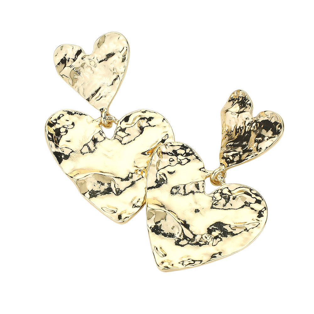 Hammered Metal Heart Dangle Earrings - Gold - Earrings