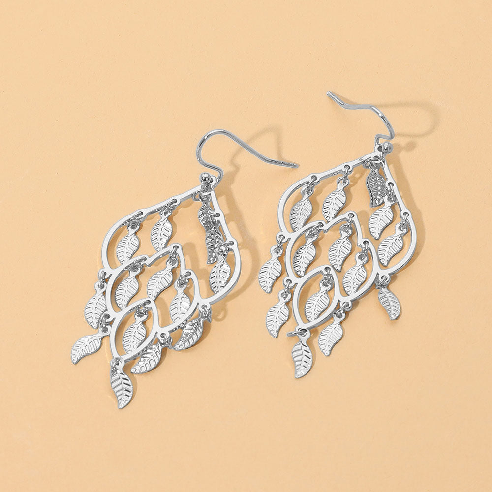 Madeline Love Rhodium Metal Cascading Leaf Chandelier Statement Earrings