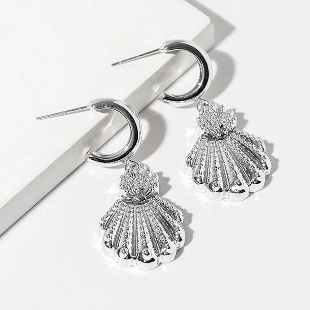Madeline Love Rhodium White Gold Dipped Textured Scallop Shell Drop Dangle Mini Hoop Earrings