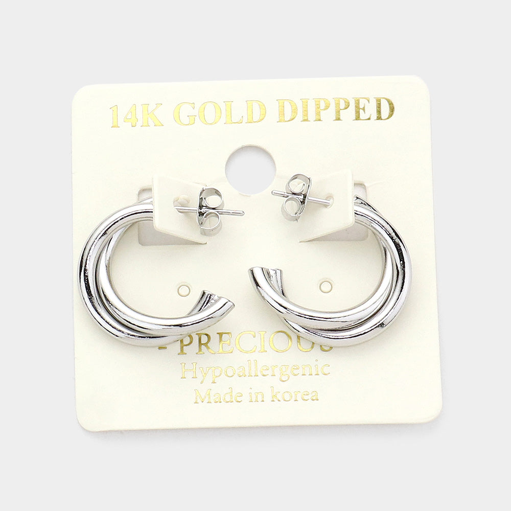 Madeline Love Rhodium 14K White Gold Dipped Double Layered Metal Half Hoop Earrings