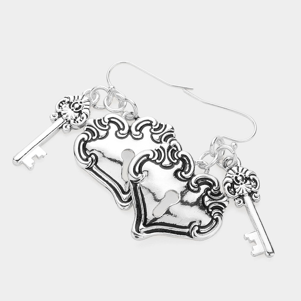 Metal Heart Lock and Key Dangle Earrings - Antique Silver - Earrings