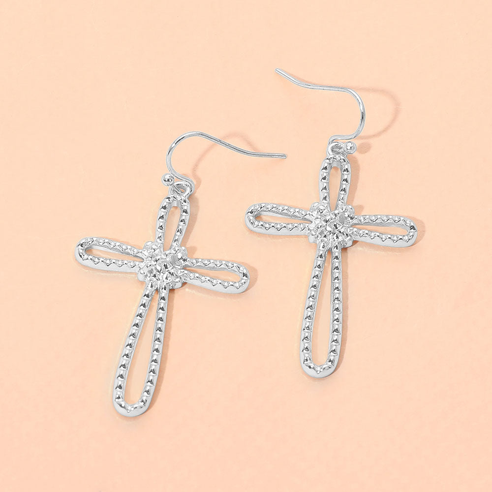 Madeline Love Silver Textured Metal Open Knot Cross Charm Drop Earrings
