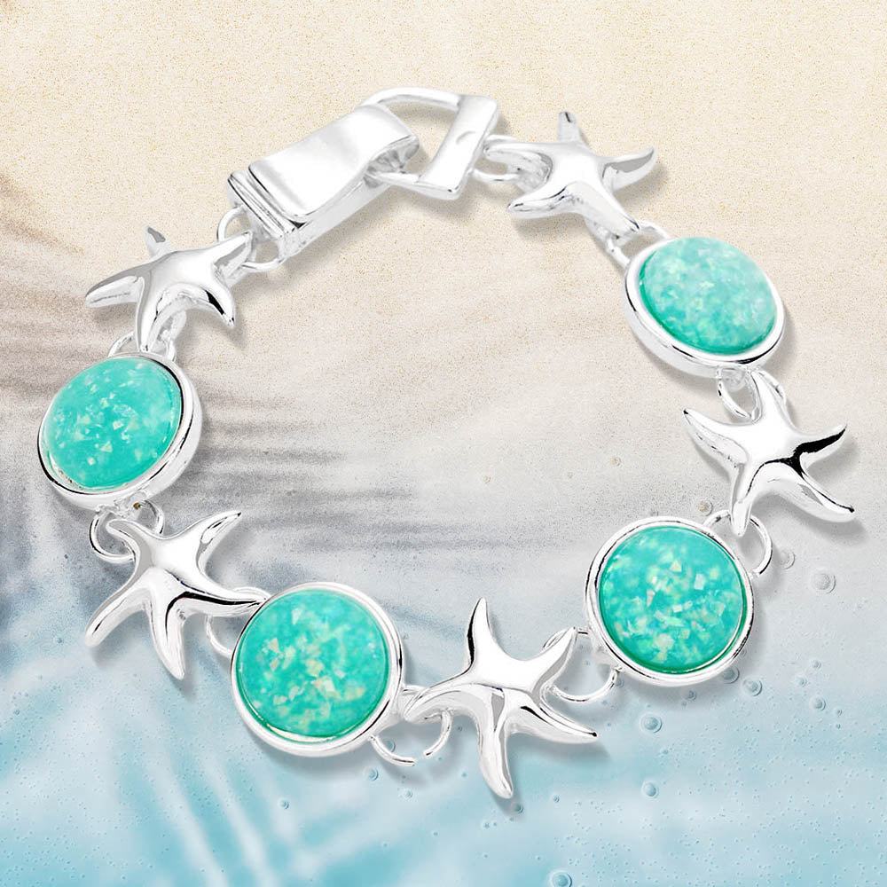 Silver, Turquoise Sea Glass Starfish Metal Magnetic Link Bracelet