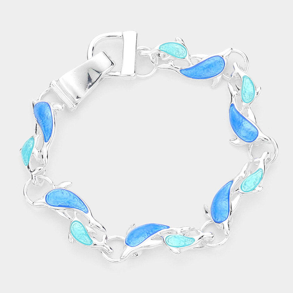 Madeline Love Blue, Silver Enamel Metal Dolphin Link Magnetic Bracelet - Bracelets