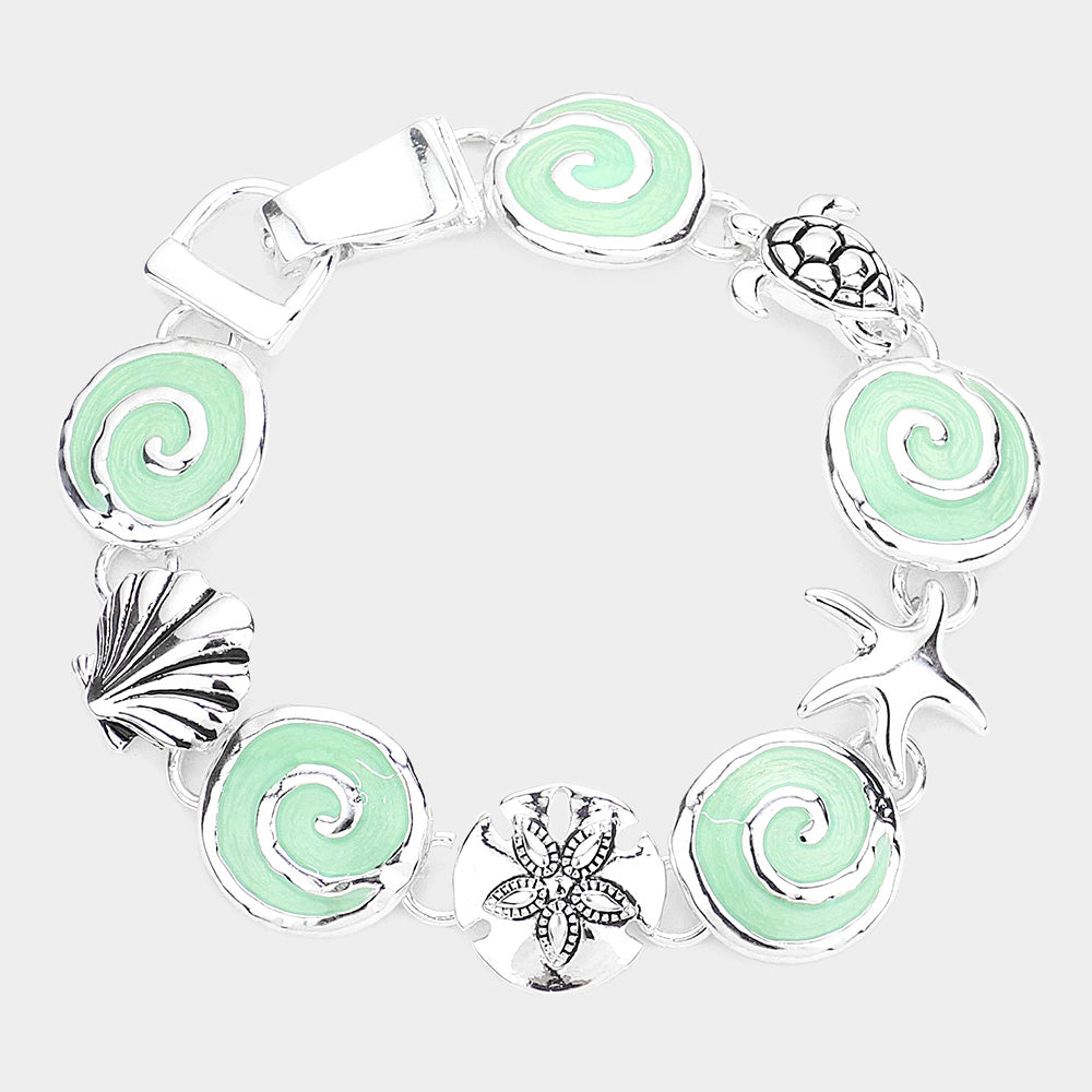 Madeline Love Antique Silver, Mint Antique Metal Shell Starfish Enamel Sand Dollar and Turtle Link Magnetic Bracelet - Bracelets