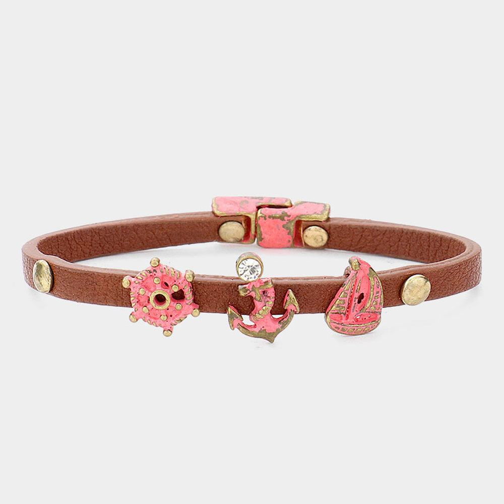 Madeline Love Gold Burnished, Peach Anchor Ship Wheel Faux Leather Bracelet - Bracelets