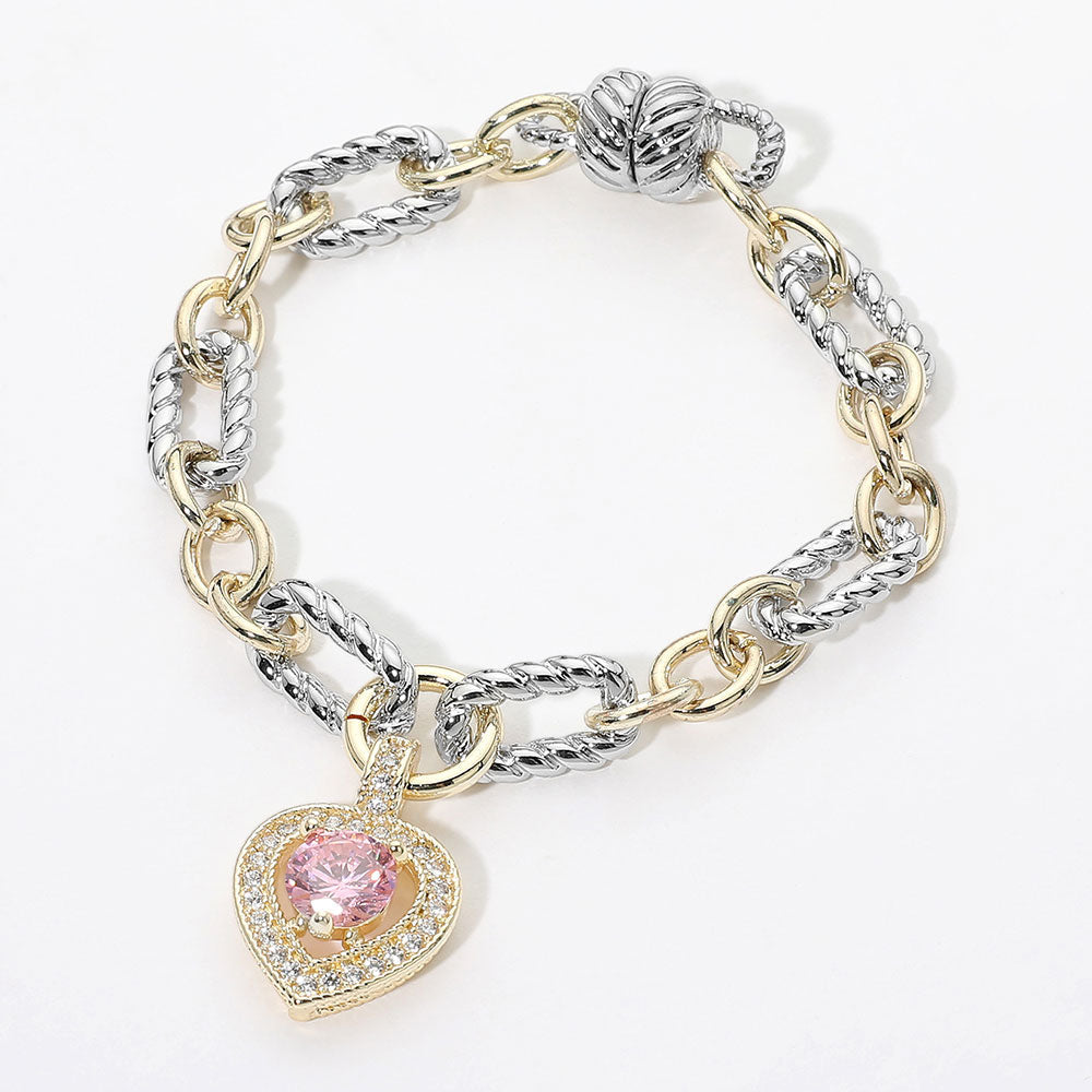 Madeline Love Rose, Two Tone 14K Gold Plated Two Tone Chunky Chain CZ Heart Charm Magnetic Bracelet