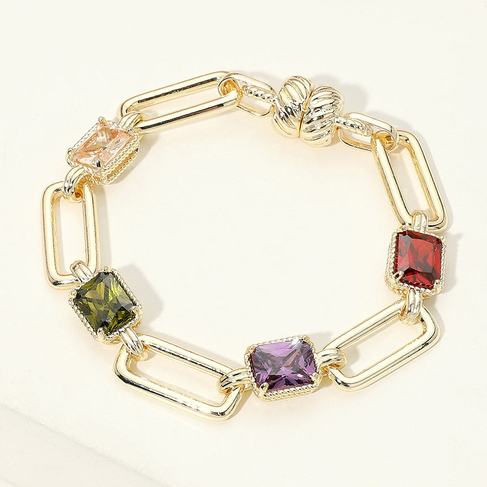 Madeline Love Gold, Multi 14K Gold Plated Square CZ Cluster Oval Link Magnetic Bracelet