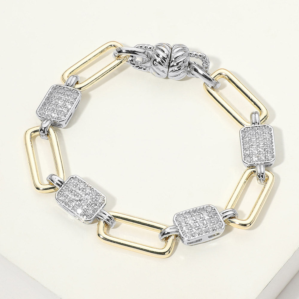 Madeline Love Two Tone 14K Gold Plated Square CZ Pave Cluster Oval Link Magnetic Bracelet