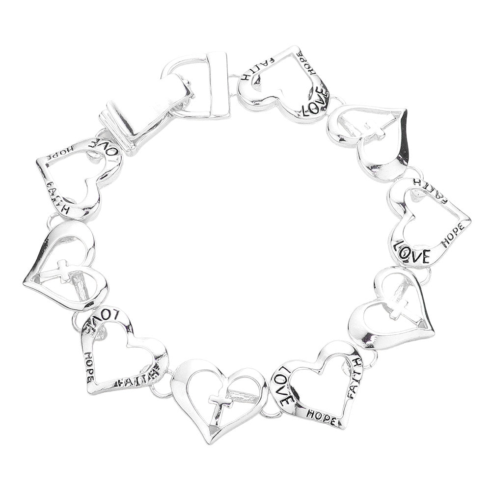 Madeline Love Antique Silver Love Faith Hope Message Cross Heart Link Magnetic Bracelet - Bracelets - desc