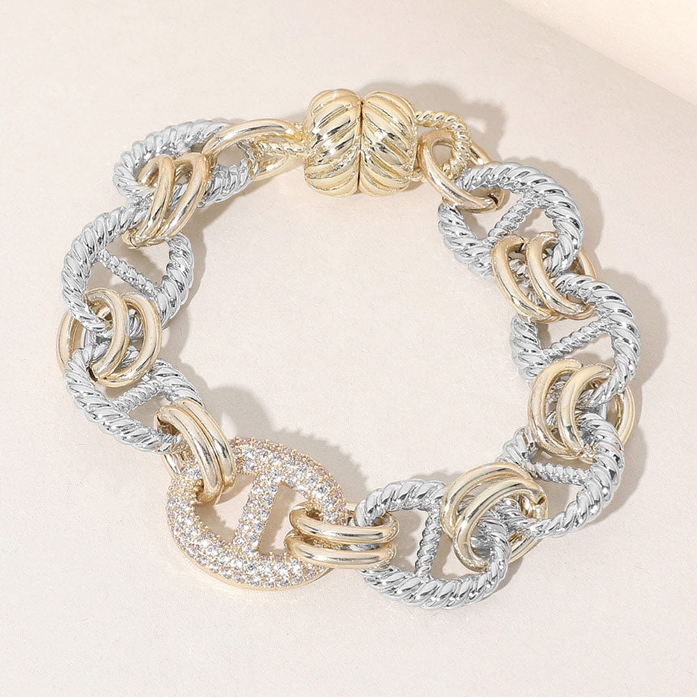 Madeline Love Two Tone 14K Gold Plated CZ Stone Paved Link Magnetic Bracelet