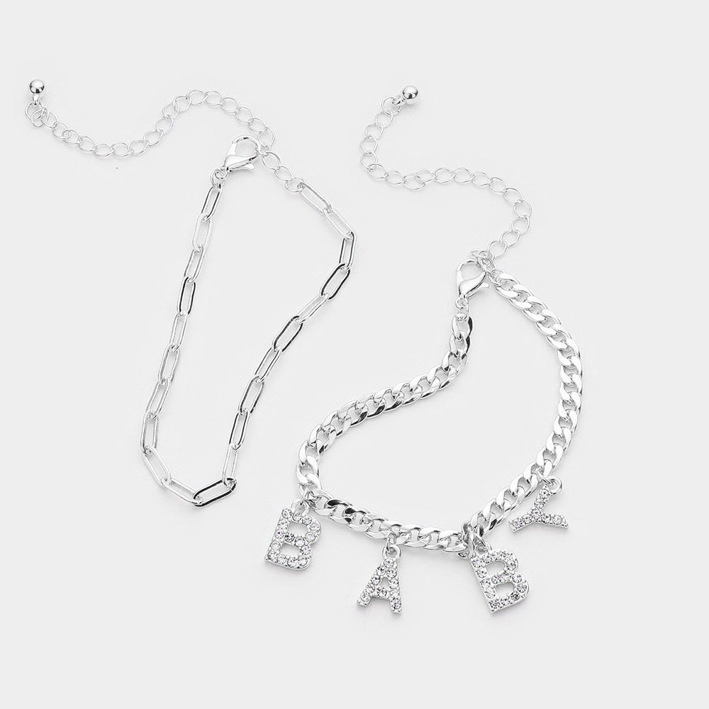 Madeline Love Clear, Rhodium 2PCS - BABY Rhinestone Embellished Metal Chain Bracelets - desc