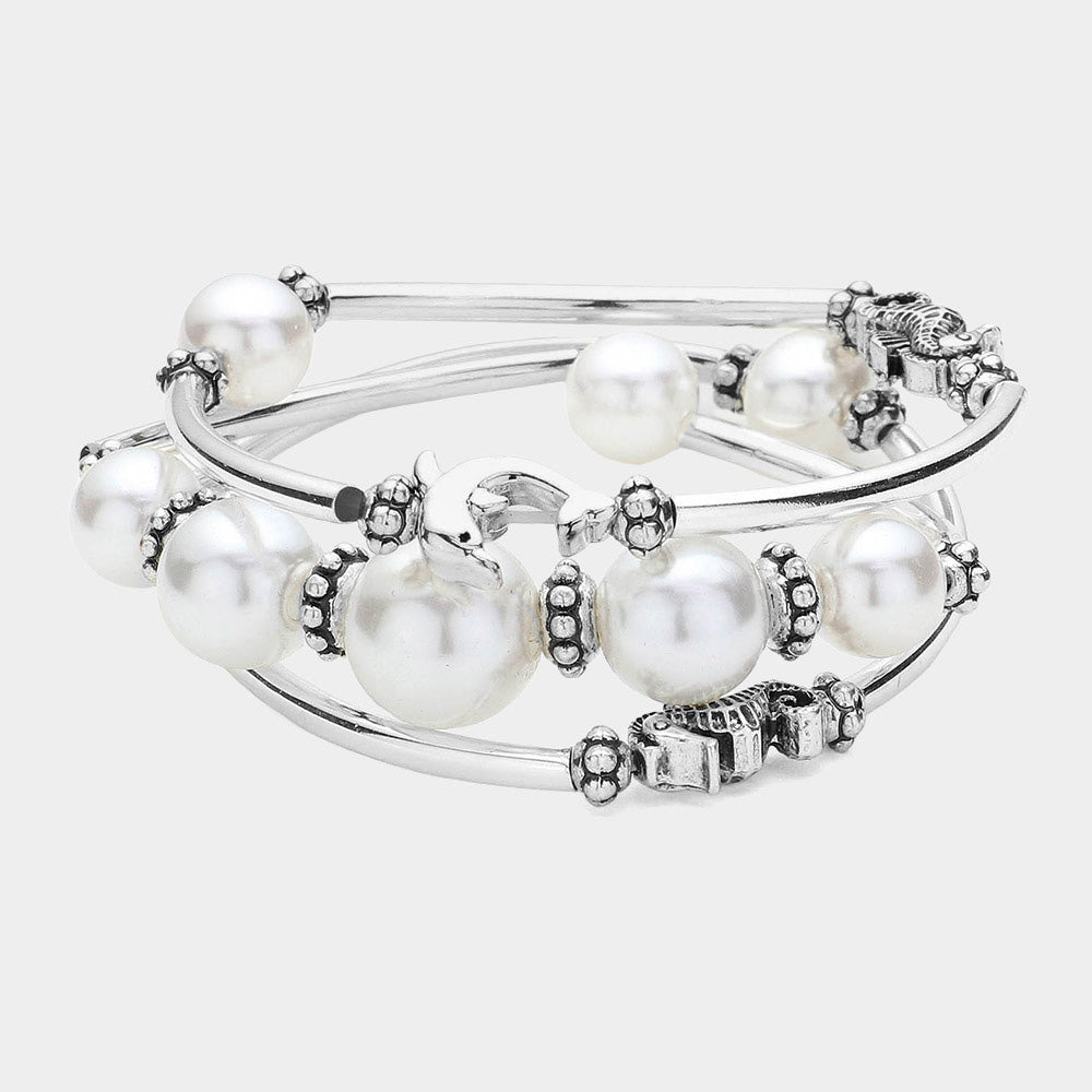 Madeline Love Antique Silver, White 3PCS - Antique Silver Dolphin Sea Horse Pointed Pearl Stretch Multi Layered Bracelets