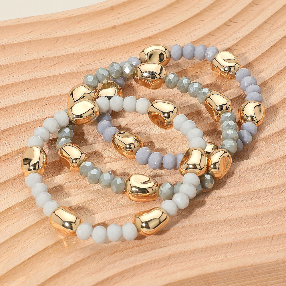 Madeline Love Gold, Gray 3PCS - Worn Metal Pebble Beaded Stretch Multi Layered Bracelets