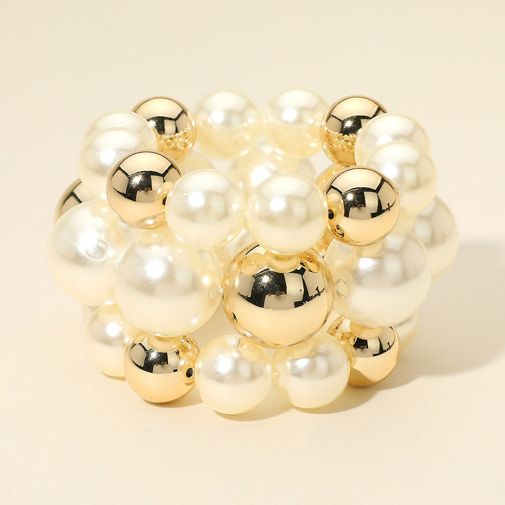 Madeline Love Gold 3PCS - Bold Pearl Metal Ball Beaded Stretch Multi Layered Bracelets