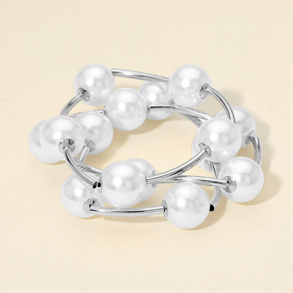 Madeline Love Rhodium, White 3PCS - Pearl Ball and Bar Beaded Stretch Multi Layered Bracelets