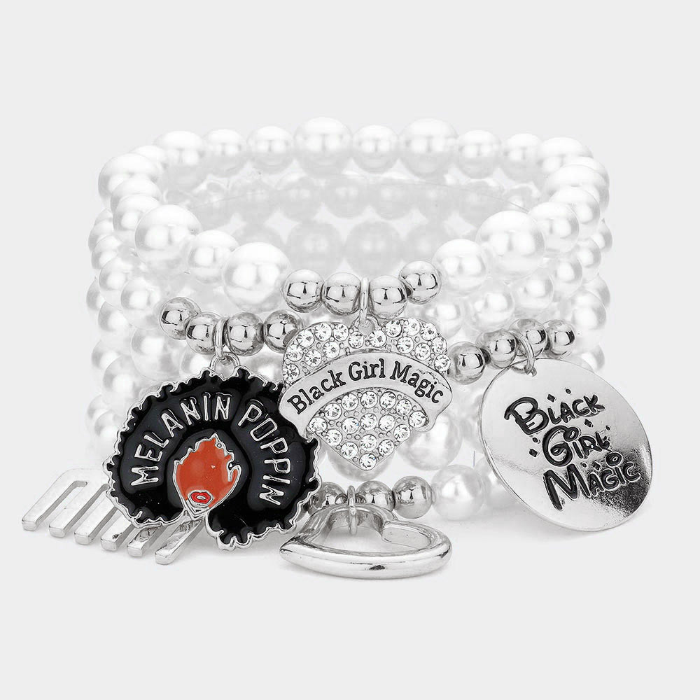 Madeline Love Rhodium, White 5PCS - Black Girl Magic Various Charm Multi Layered Stretchable Bracelets