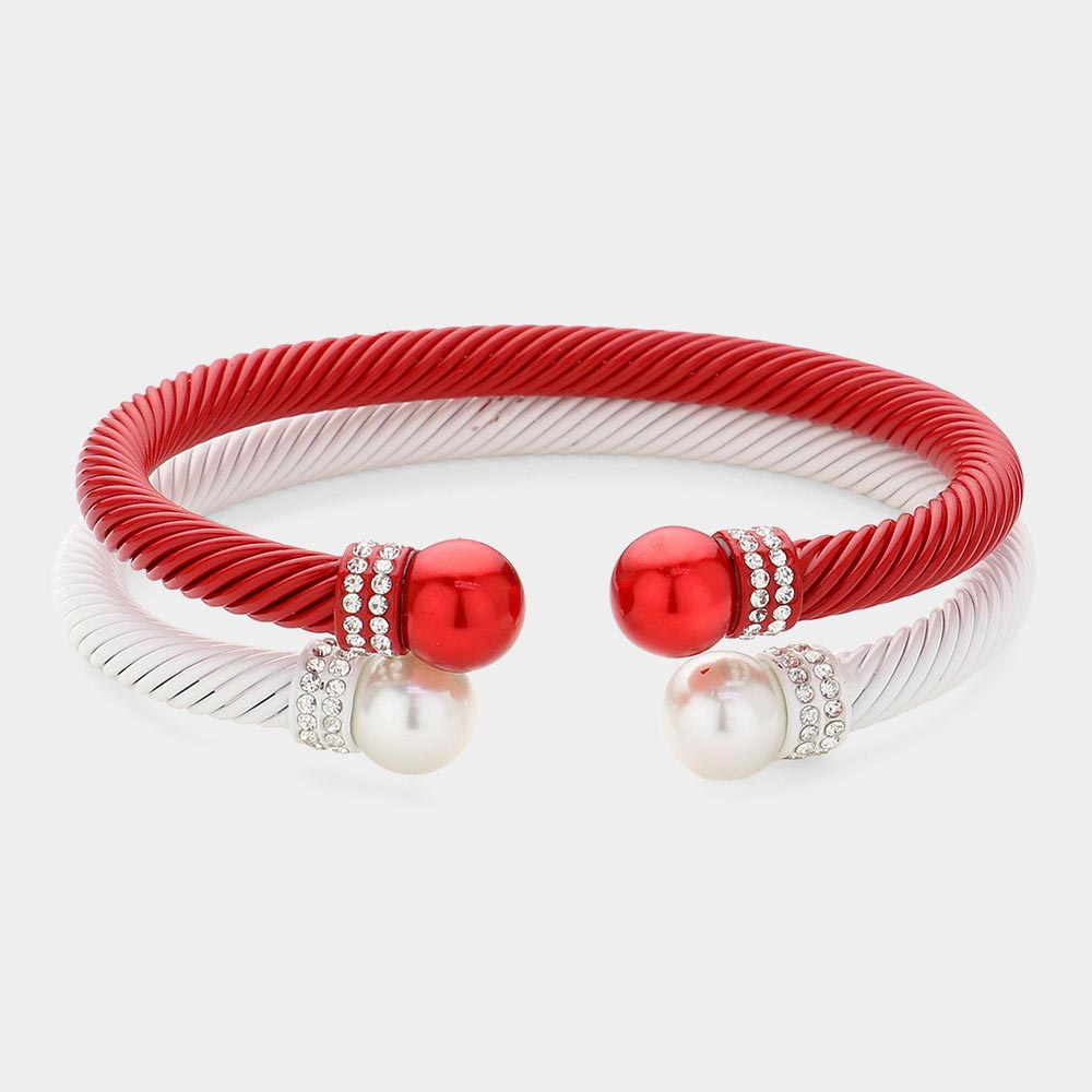 Madeline Love Red, Red&White, White 2PCS - Stone Paved Pearl Pointed Tip Double Cuff Bracelets - Jewelry