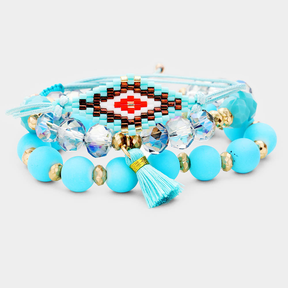 Madeline Love Turquoise, Worn Gold 3PCS - Boho Bead Wood Bead Stretch Layered Tassel Bracelets