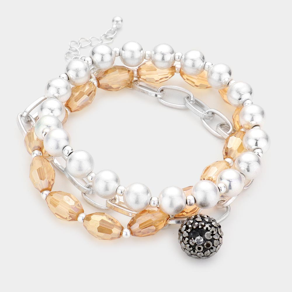Madeline Love Beige, Worn Silver Shamballa Ball Charm Metal Ball Beaded Bracelets