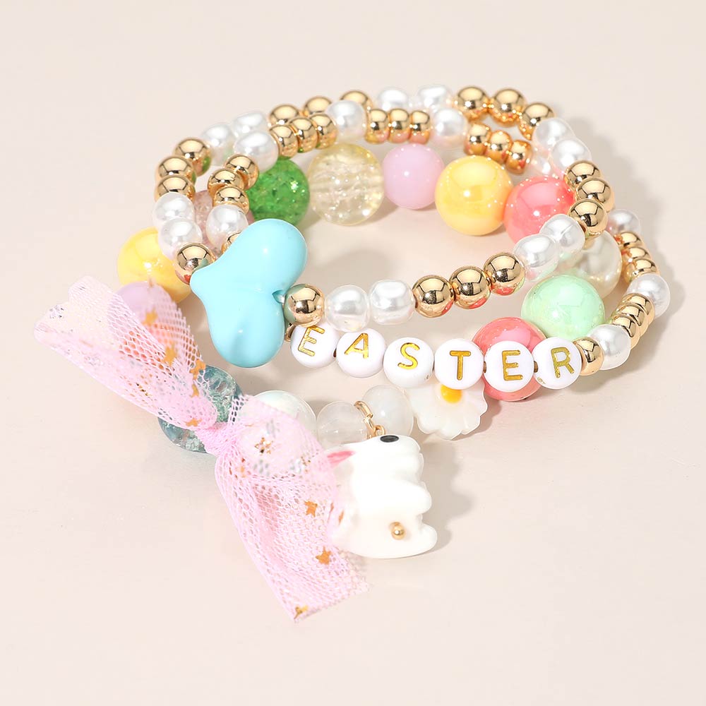 Madeline Love Gold, Multi 3PCS - Easter Bunny Bow Heart Pearl Flower Beaded Stretch Multi Layered Bracelets - desc