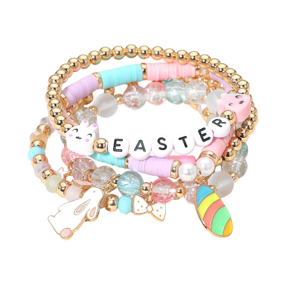 Madeline Love Gold, Multi 5PCS - EASTER Bunny Egg Bow Charm Beaded Stretch Multi Layered Bracelets - desc