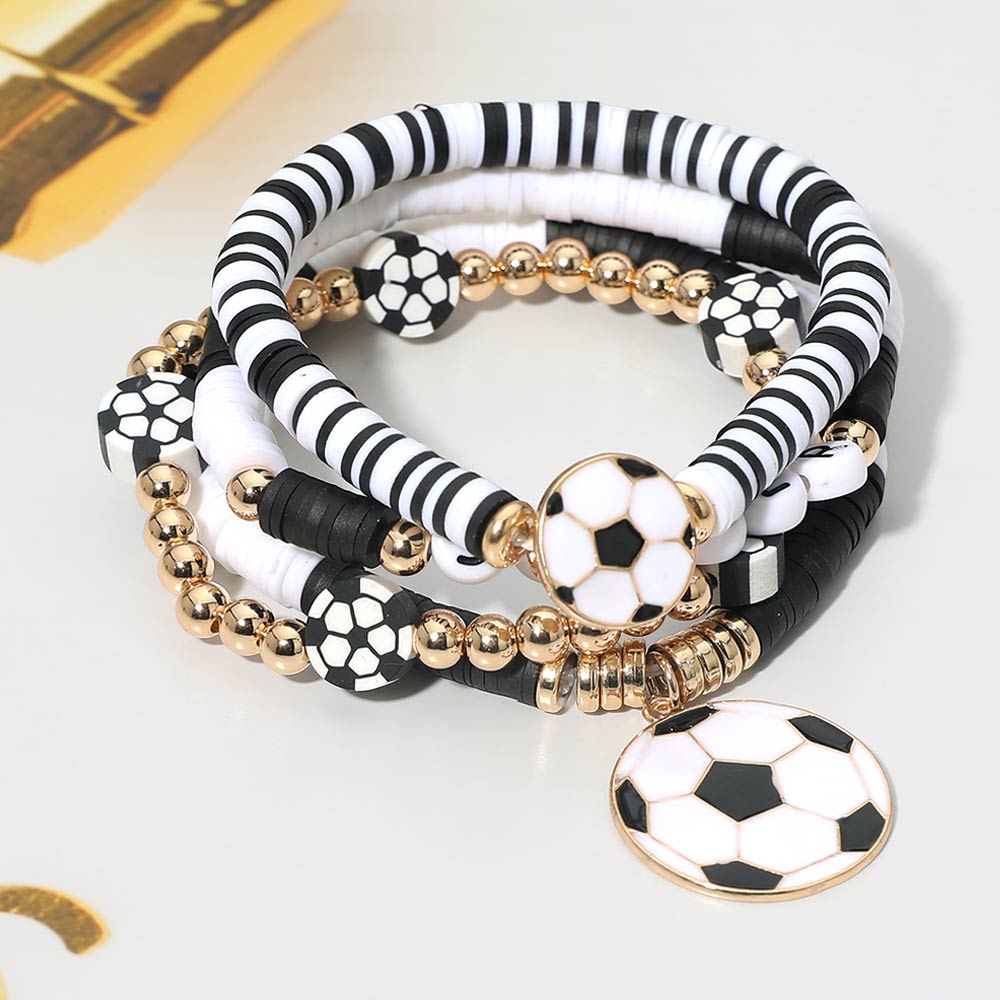 Madeline Love Black, Gold, White 4PCS - Soccer Charm Heishi Beaded Stretch Multi Layered Bracelets