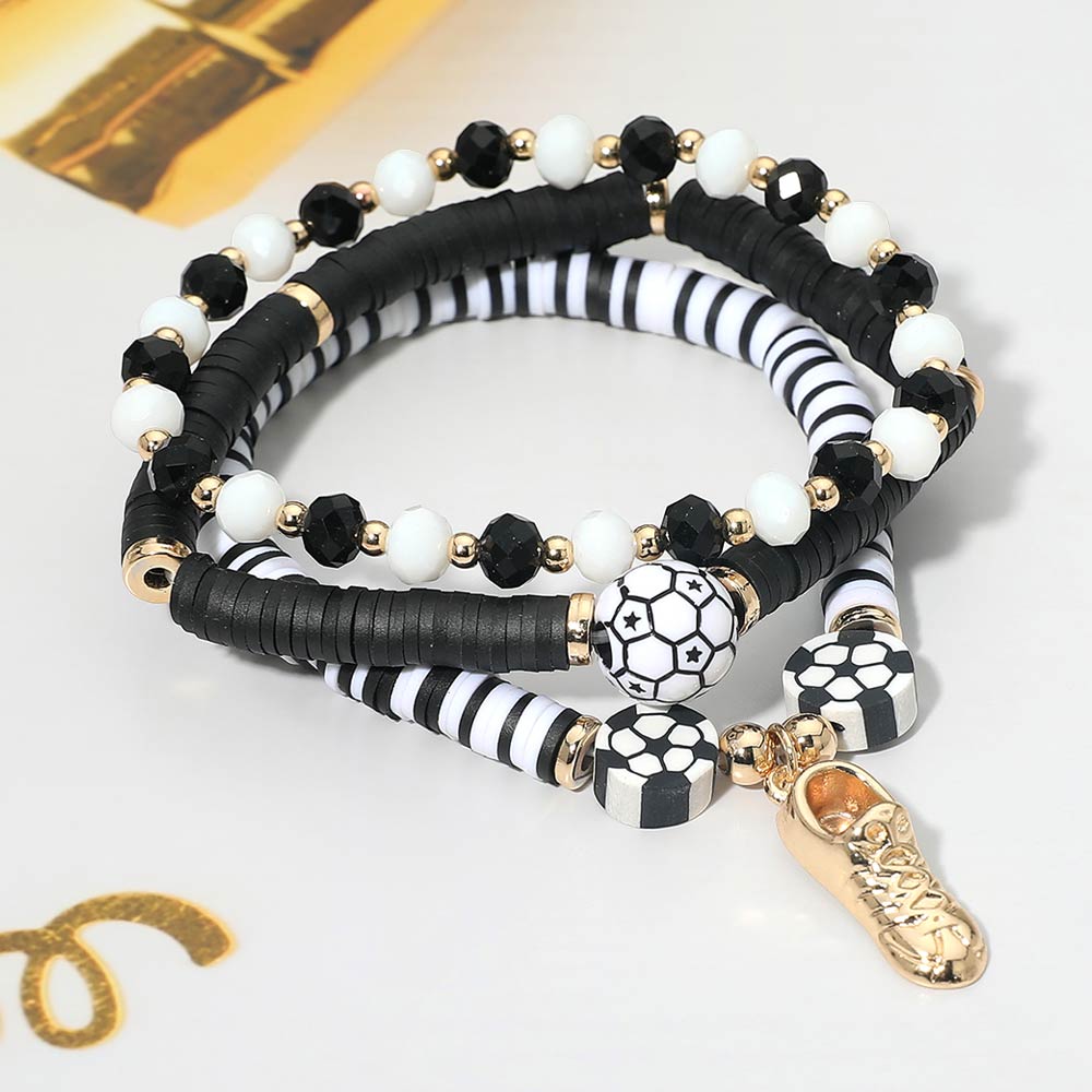 Madeline Love Black, Gold, White 3PCS - Soccer Ball Shoe Charm Heishi Beaded Stretch Multi Layered Bracelets