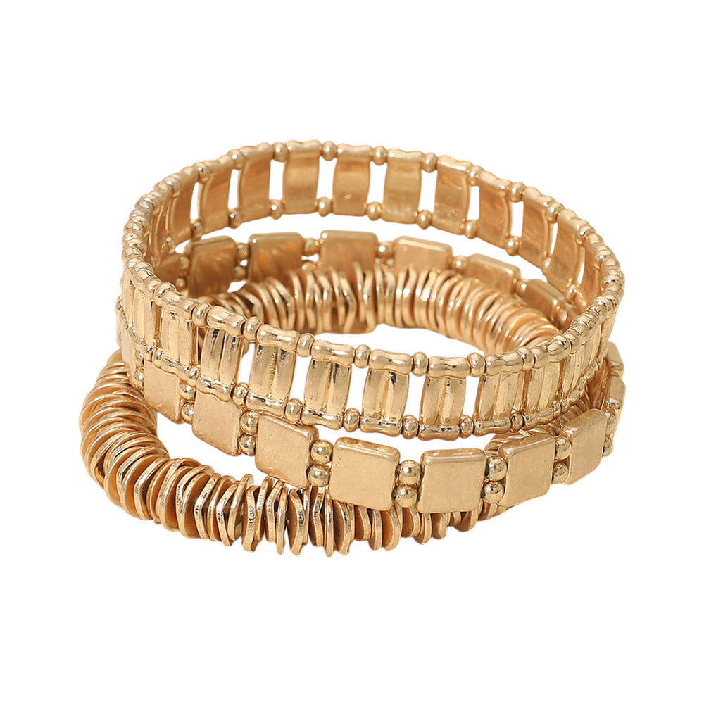Madeline Love Worn Gold 3PCS - Various Metal Beaded Stretch Multi Layered Bracelets - desc