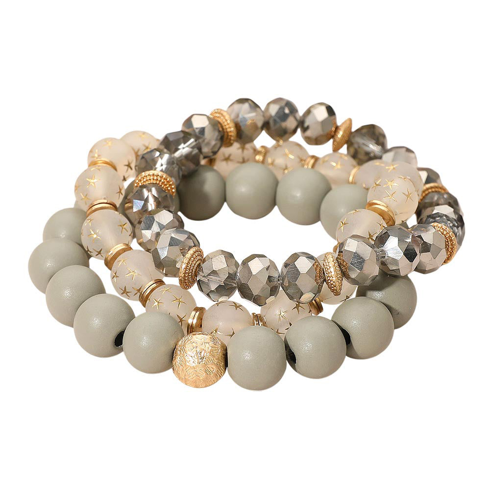 Madeline Love Gray 3PCS - Stackable Wooden Faceted Beaded Stretch Multi Layered Bracelets - extra