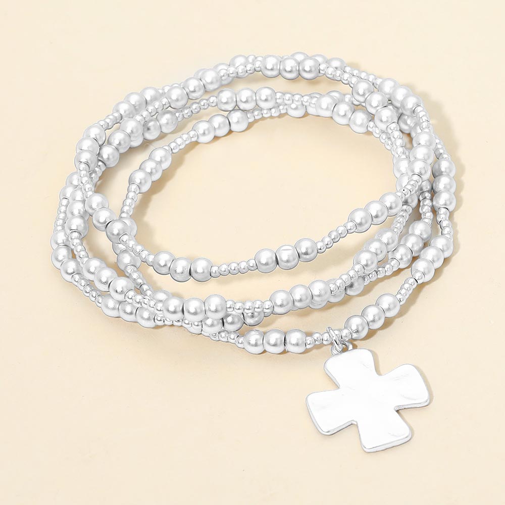 Madeline Love Silver 4PCS - Brushed Hammered Metal Cross Plate Charm Accent Metal Ball Beaded Stretch Multi Layered Bracelets