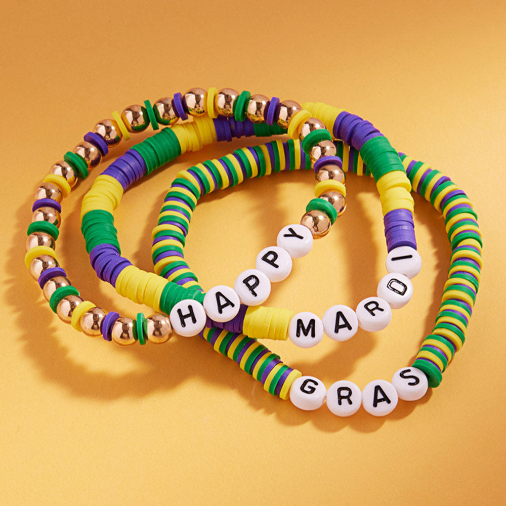 Gold 3PCS - HAPPY MARDI GRAS Message Beaded Stretch Multi Layered Bracelets