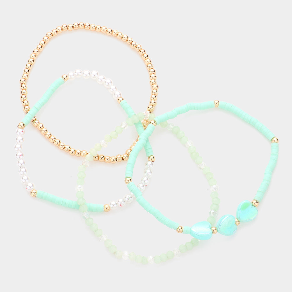 4PCS - Heart Pearl Heishi Beaded Stretch Bracelets - Mint - Bracelets